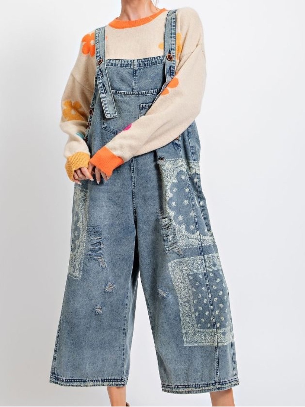 easel Light Wash Denim Bandana Patch Wide-Leg Overalls